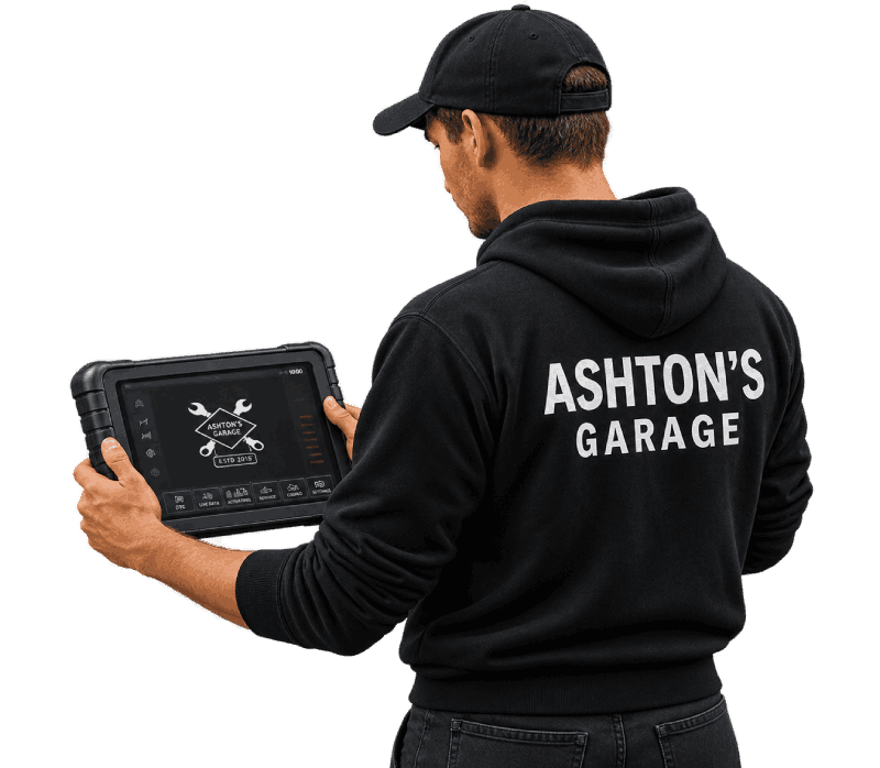 Ashton's mechanic using diagnostic equipment